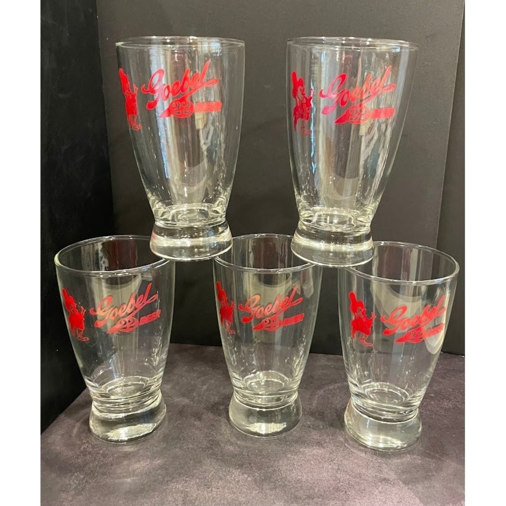 Goebel 22 Beer Glasses Set of 5 Brewster the Rooster Red Logo Vintage Barware
